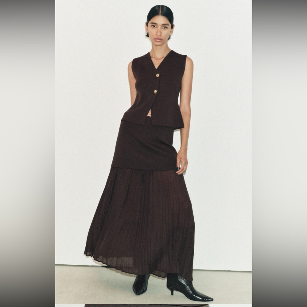 ZARA Designer 2 PC SET Fall Brown Knit Gold Vest Top + Sheer Skirt S Influencer